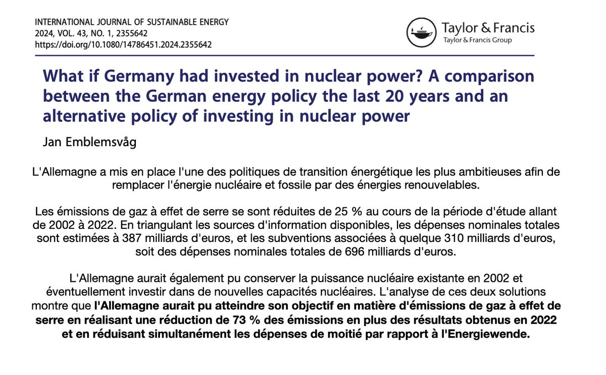 DocuVerite's tweet image. Une nouvelle étude révèle que l'appui du nucléaire en Allemagne aurait permis:

✅De réduire de 73 % les émissions en plus que les résultats obtenus en 2022.

✅En réduisant simultanément les dépenses de moitié par rapport à l'Energiewende... 1/2

researchgate.net/publication/38…