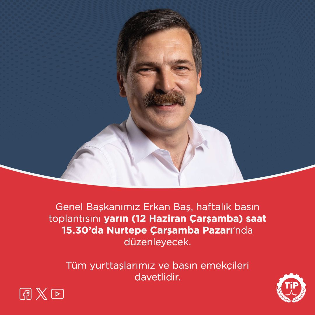 Asgari ücrete #TemmuzdaAraZam, insanca yaşam istiyoruz!

Genel Başkanımız Erkan Baş, haftalık basın toplantısını yarın (12 Haziran Çarşamba) saat 15.30’da İstanbul'da, Nurtepe Çarşamba Pazarı’nda düzenleyecek.

Tüm yurttaşlarımız ve basın emekçileri davetlidir. Basın toplantımızı