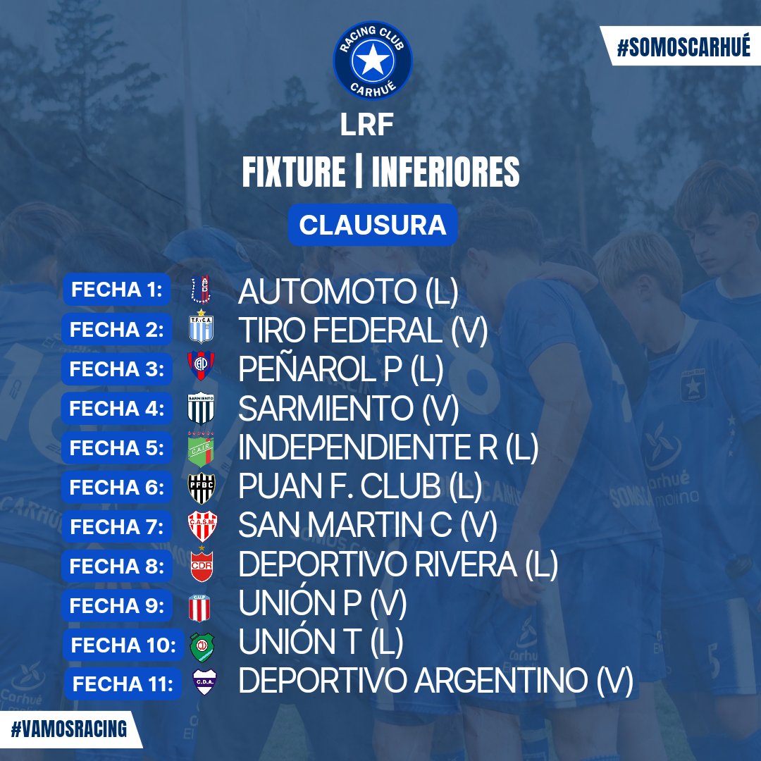 INFERIORES🇸🇴 | Clausura🔛

🏆Fecha 1 Clausura | #LRF 
🆚Automoto 
📆Sábado 15 de junio 
🏟️Hugo Robilotte 
🕒12:00
⚽Categorías: 8va, 7ma, 6ta y 5ta

➡️Desliza para conocer el fixture 

#VAMOSRACING👊💙 #SomosCarhué