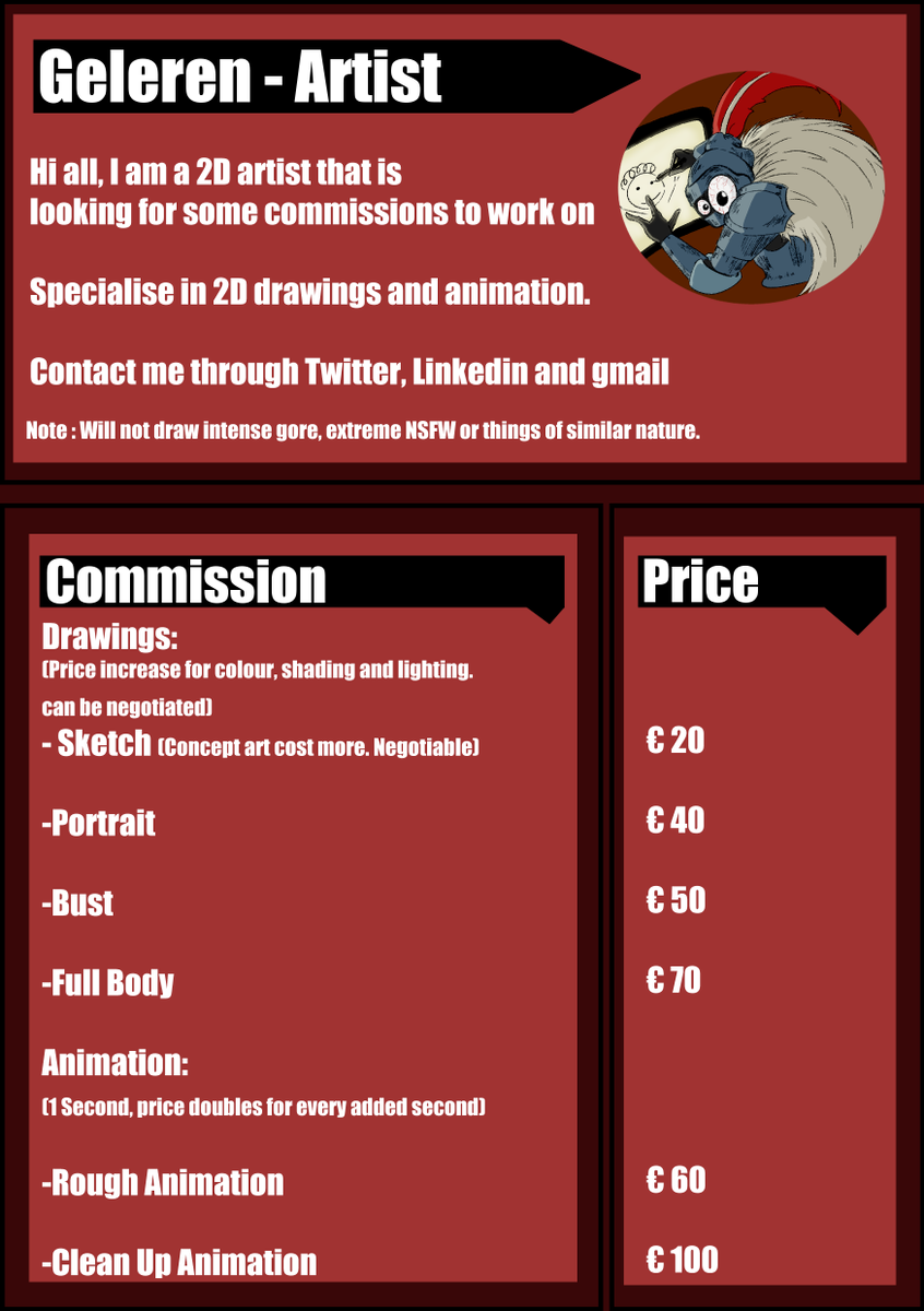 Geleren2's tweet photo. I'm a 2D Animator/Artist open for commissions. I'm passionate about knights, monsters, fantasy, sci-fi and other nerdy stuff.
 My prices and rules are below, contact me if you are interested, see you!  
#2dartist #commissionsopen #Commission #art #2danimation https://t.co/X2aKPgGqkY