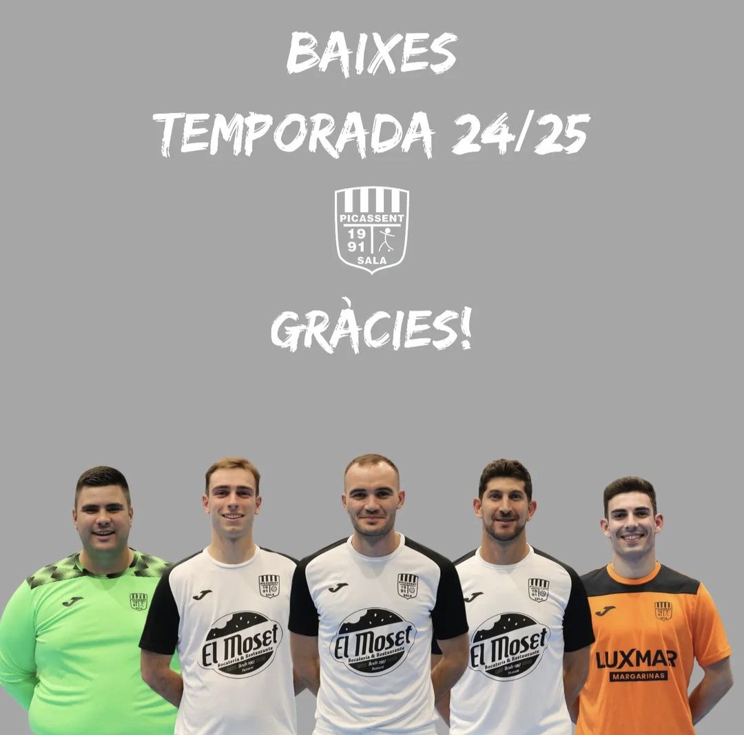 El <a href="/FSPicassent/">FSPicassent</a> anuncia las bajas para la temporada 2024/25 <a href="/Futsal2B3/">Futsal 2ªB G3</a>

🟠Andrés Patades 
🟠Julian Giner 
🟠Joan Cordellat
🟠Ramon Santos