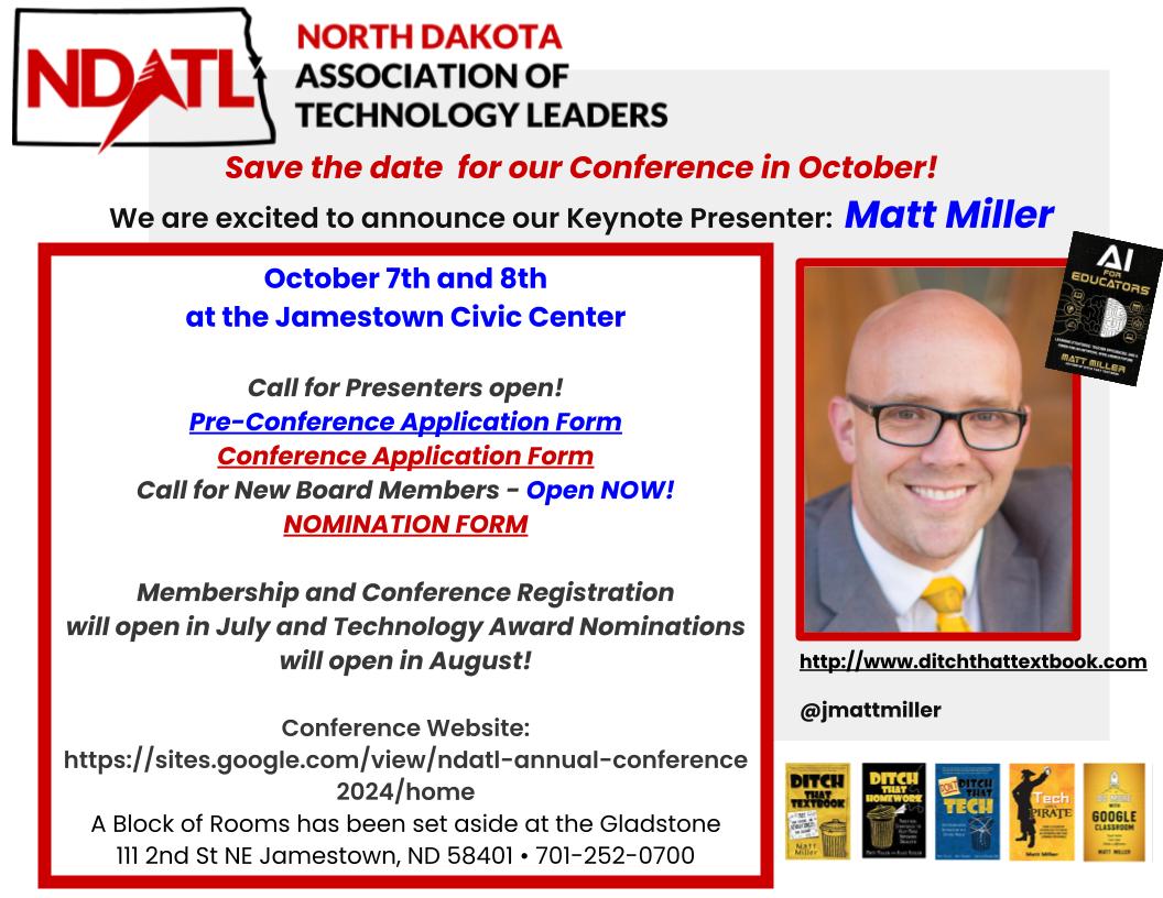 🎯Save the Date for our Annual Conference!  
📌October 7th and 8th at the Jamestown Civic Center!
📌Keynote: <a href="/jmattmiller/">Matt Miller 🗑️</a> 
📌Conference Website: sites.google.com/view/ndatl-ann…
A Block of Rooms has been set aside at the Gladstone
111 2nd St NE Jamestown, ND 58401 • 701-252-0700