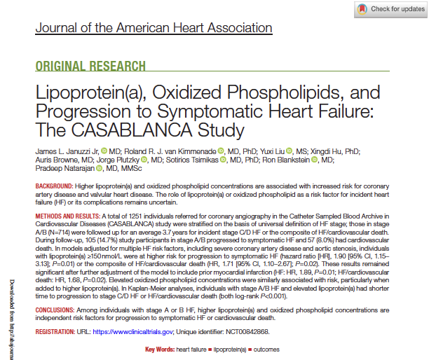And for the last treat of the day, Lp(a) and <a href="/OxPL_apoB/">Sam Tsimikas</a>  are moving into the heart failure field. Lp(a), likely via its OxPL content, is associated with progression of heart faluure and CVD death. Study led by @JJheart_doc and <a href="/pnatarajanmd/">Pradeep Natarajan</a> There is also data from MESA, more to