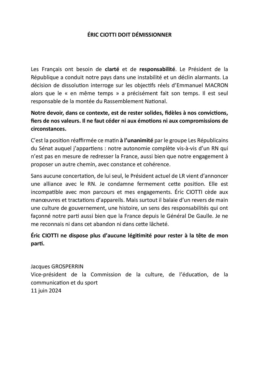 🔵[Communiqué]
Nous avons appris avec consternation la compromission d'Eric Ciotti. Céder aux manœuvres politiciennes n'est pas dans notre nature.   
A l'unanimité, le groupe <a href="/lesRep_Senat/">Les Républicains Sénat</a> a réaffirmé son autonomie vis-à-vis du RN et du camp présidentiel.