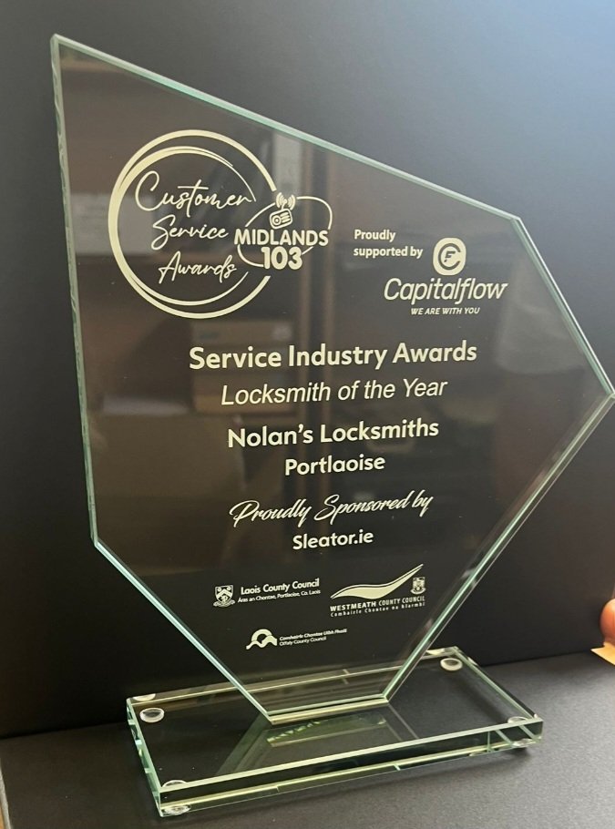 Nolans Locksmiths.
Delighted to have won "Locksmiths of the Year" 2024 at the Gala awards night in Tullamore last night.
Delighted for all our staff and Locksmiths who all contributed to winning the accolade.