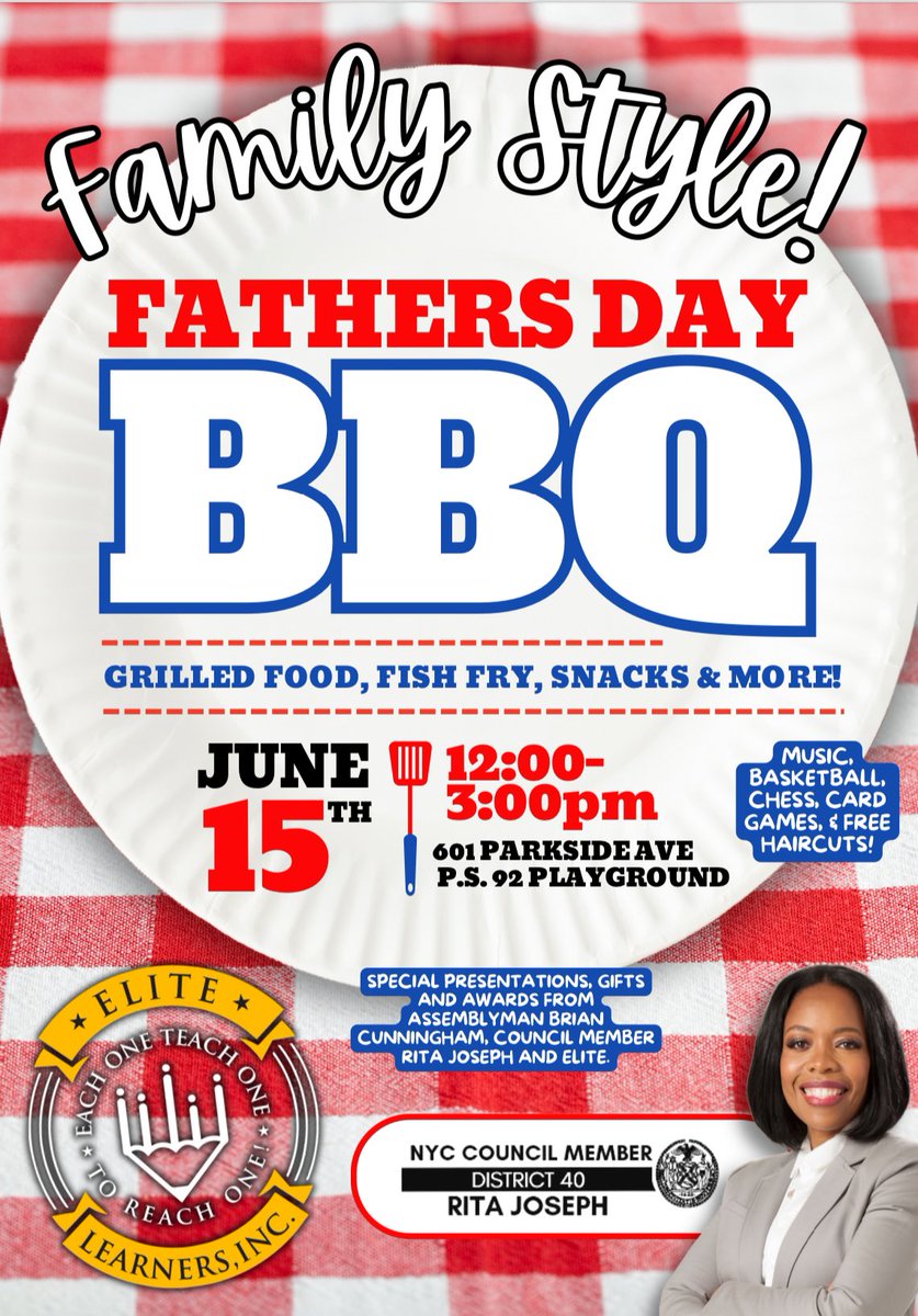 Join me in celebrating Father’s Day with a fantastic BBQ in partnership with P.S. 92 &amp; Elite Learners. Bring your family and friends for a day filled with great food &amp; fun activities. Can’t wait to see you all there! 🥳🍔🌭