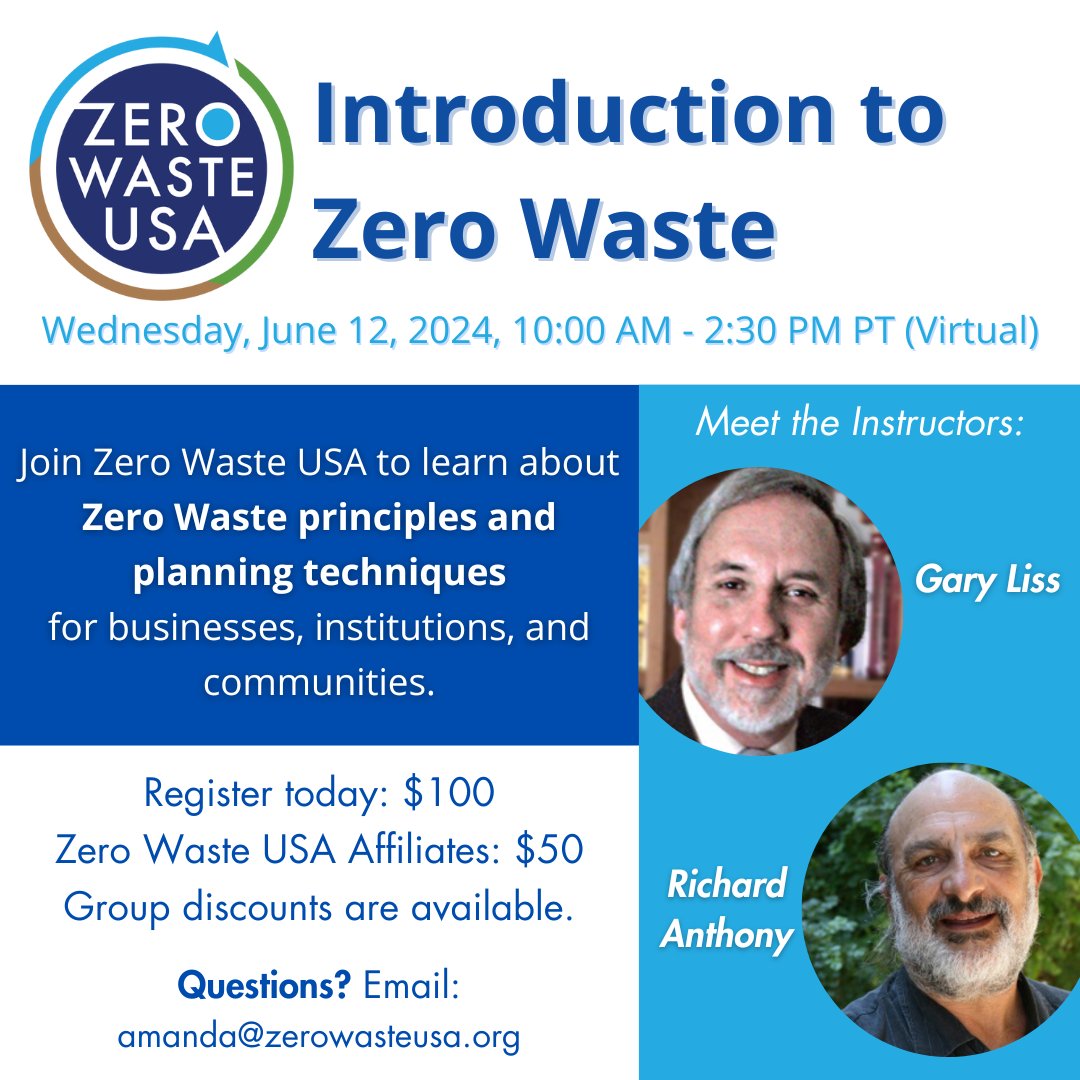 Join the Introduction to Zero Waste Class on Wednesday, June 12, 2024.
This four-hour online class (with a 30 minute break) focuses on an introduction into #ZeroWaste principles &amp; planning techniques for #businesses, institutions, &amp; #communities.

events.humanitix.com/izwjune2024