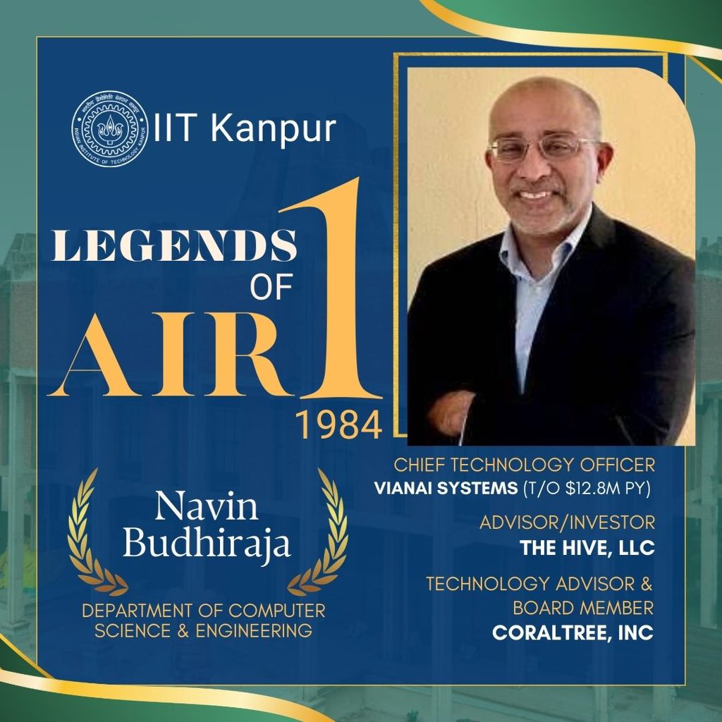 IITKanpur's tweet photo. Mr. Navin Budhiraja, CTO at Vianai Systems and Advisor at The Hive and CoralTree, joined IIT Kanpur's Computer Science &amp; Engineering in 1984. Renowned for his leadership and fostering innovation, IIT Kanpur proudly celebrates his accomplishments. 

#LegendsofIITK  #IITKanpur https://t.co/Ao0CAnC2Kh