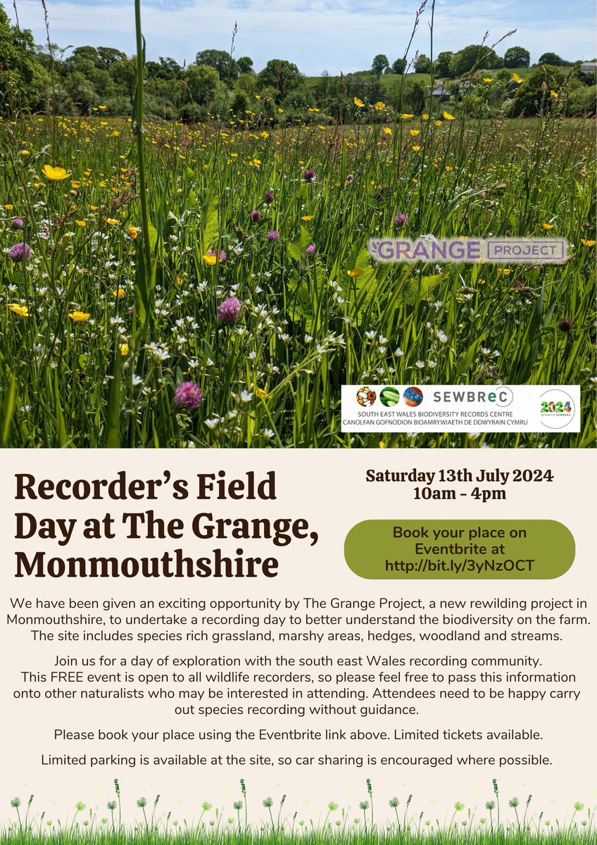 Join us on Sat 13th July for a Recorders' Field Day at The Grange, a rewilding project near Monmouth!

This free event will be communal but self led, so is suitable for those comfortable carrying out species recording without guidance.
Book via Eventbrite:
eventbrite.co.uk/e/recorders-fi…