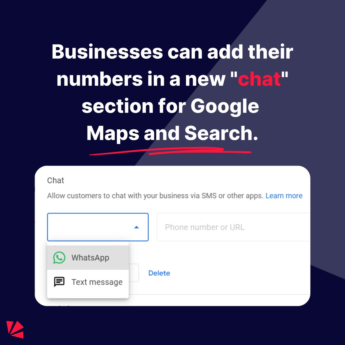 🆕 Google is testing SMS and WhatsApp messaging for GBPs.

Businesses can add their numbers in a new "chat" section for Google Maps and Search.

📌 first spotted by <a href="/FrancastroKW/">Fran Castro</a>
📸 screenshot by <a href="/mygeigermeister/">Molly Youngblood</a>

#seo #localseo