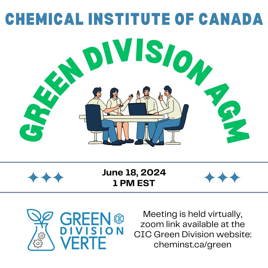 The Chemical Institute of Canada has a new Green Division! 💚

Come learn about the new division and the available leadership positions at the AGM on June 18 at 1 PM EST.

Find the zoom link and more info on the website!
cheminst.ca/communities/gr…