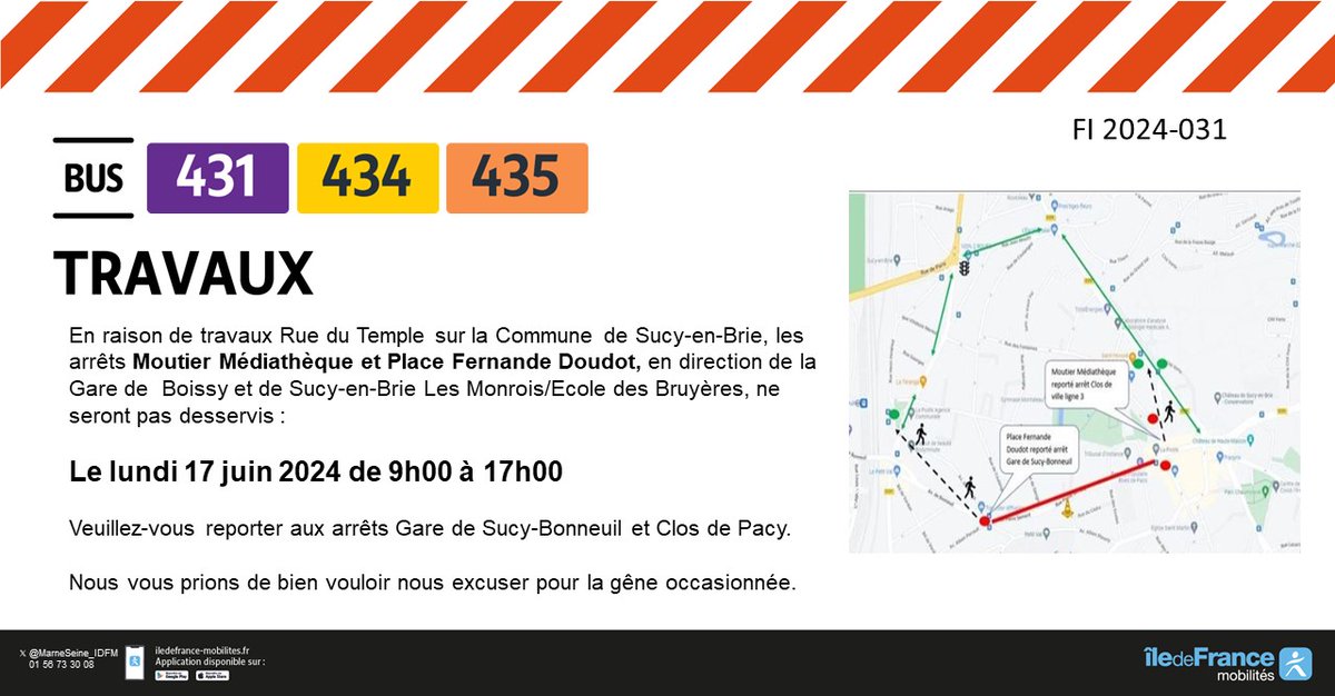 MarneSeine_IDFM's tweet photo. 🚧🚍 #InfoTrafic #Travaux #L431 #L434 #L435
🗓️Du 17 juin de 9h00 à 17h00
📍Travaux Rue du Temple @VilleSucy
❌ Arrêts Moutier Médiathèque et Place Fernande Doudot non desservis > Sucy Les Monrois/Ecole des Bruyères et Gare de Boissy
✅ Reportés à Gare de Sucy et Clos de Pacy https://t.co/ViqBtOvB8i