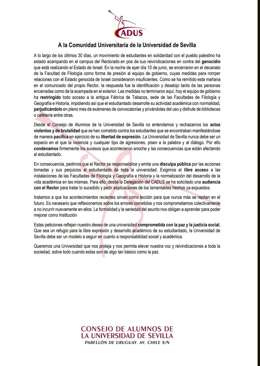 twitCADUS's tweet photo. Desde el CADUS emitimos este comunicado debido a lo acontecido en las últimas horas en la Universidad de Sevilla. https://t.co/Ca4QFZq76y