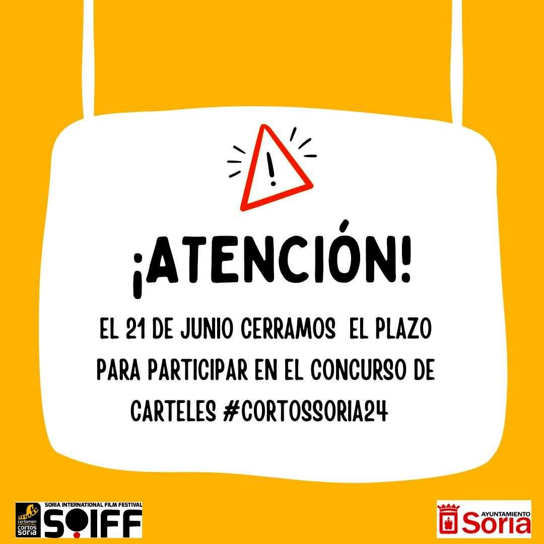 🚨10 DIAS PARA CIERRE DE CONVOCATORIA ...📢
Hasta el 21 Junio abierta la convocatoria del concurso de cartel #cortossoria
Toda la información en bit.ly/42Yj4UB

Ayuntamiento de Soria Concejalía de Juventud (Soria)