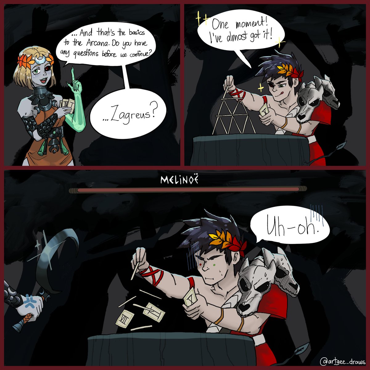 i couldnt get this idea out of my head while playing hades 2 and learning about the arcana... i just miss my goofball