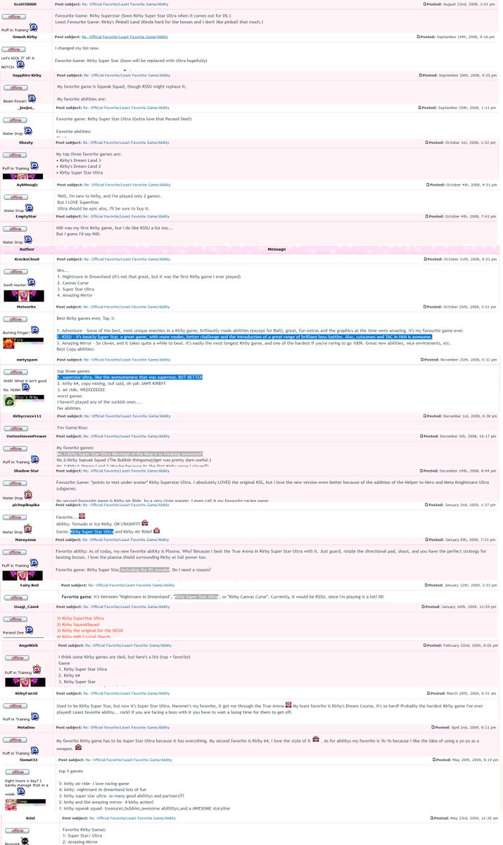 bowties8giasses's tweet photo. going through the kirby rainbow resort forums, here's a bunch posts about users favorite kirby games from around the time KSSU was new https://t.co/jRto8F78Qm