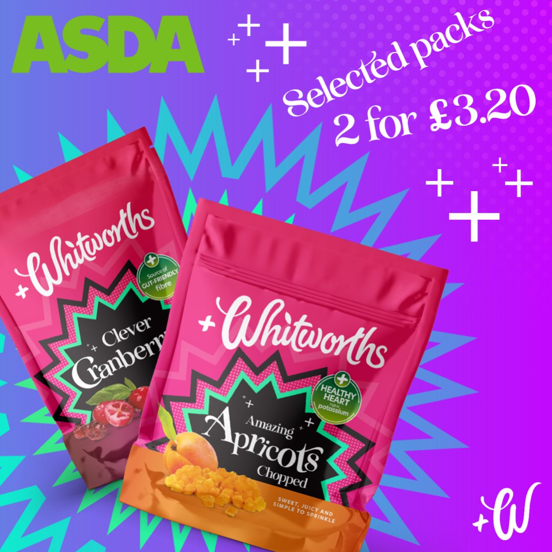 In your local Asda stores and online, you can grab TWO selected Whitworths packs for just £3.20! 📷

Chop, sprinkle and snack your way to a healthier you, its simple!
#JustAddWhitworths and be a #NutritionMagician 📷📷
Click here to shop online: groceries.asda.com/search/whitwor…...