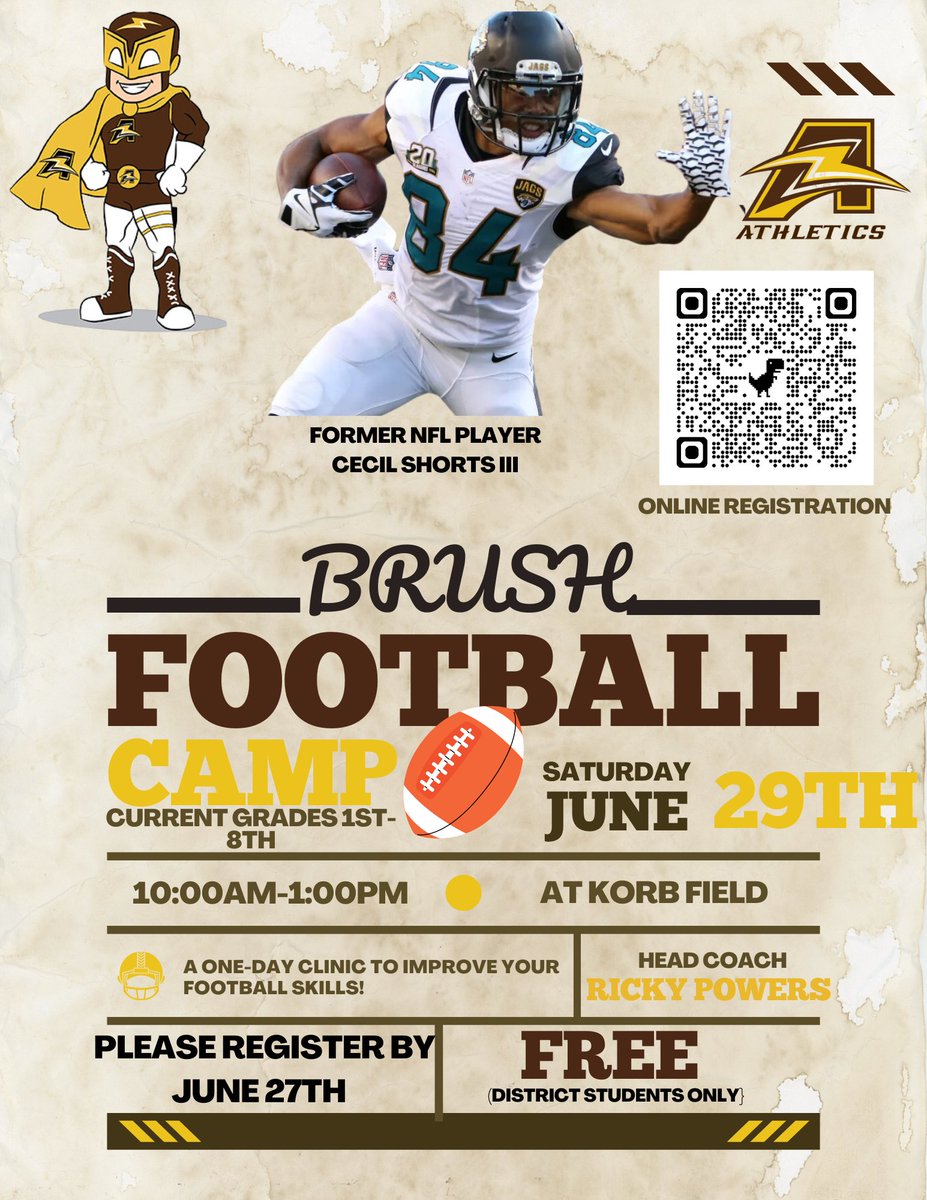 Don't forget to register for the free Brush Football Camp on June 27 <a href="/BHSArcsFootball/">Brush Football</a> <a href="/selschools/">SEL Schools</a> <a href="/mjhsarcfootball/">Memorial Junior High School Football</a> <a href="/mjhs_arcsports/">Memorial Junior High School Athletics</a>

Registration Link docs.google.com/forms/d/e/1FAI…