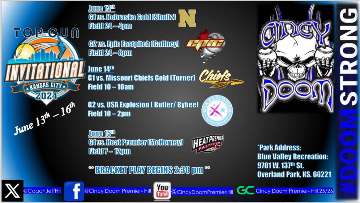 (Coach Jeff) Cincy Doom Premier- Hill (@coachjeffhill) on Twitter photo 📢 We are on the road this week! 📢
Heading out MidWest to KS to compete in <a href="/TopGunEvents/">Top Gun Events</a> Invitational.
Some Great matchups this week.
Park Address: 9701 W. 137th St.
Overland Park, KS.
June 13th
🥎 🆚 <a href="/nebraskagold816/">Nebraska Gold 816 Schultz</a>
🏟️ F24 🕰️ 4pm
🥎 🆚 <a href="/EpicFastpitchO/">EpicFastpitch.org</a>
🏟️ F24 🕰️ 8pm 📢 We are on the road this week! 📢
Heading out MidWest to KS to compete in <a href="/TopGunEvents/">Top Gun Events</a> Invitational.
Some Great matchups this week.
Park Address: 9701 W. 137th St.
Overland Park, KS.
June 13th
🥎 🆚 <a href="/nebraskagold816/">Nebraska Gold 816 Schultz</a>
🏟️ F24 🕰️ 4pm
🥎 🆚 <a href="/EpicFastpitchO/">EpicFastpitch.org</a>
🏟️ F24 🕰️ 8pm