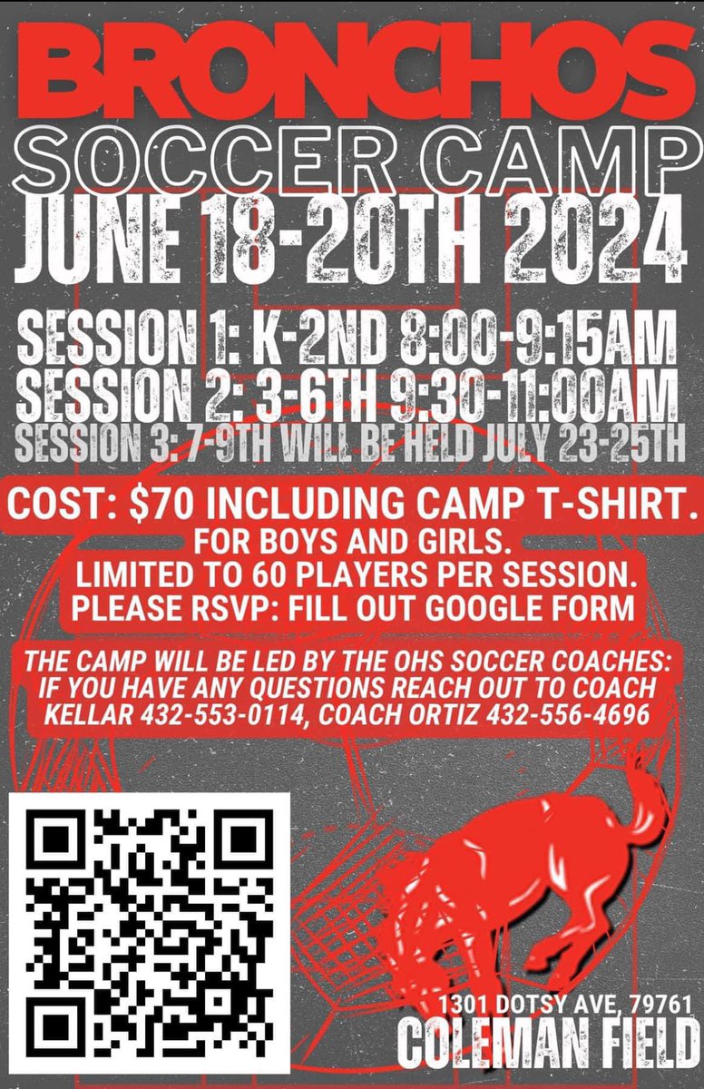 We are one week away from our annual Broncho Soccer Camp. 
We have limited spots left, don’t forget to register!
forms.gle/aet79uuPATwRGq…