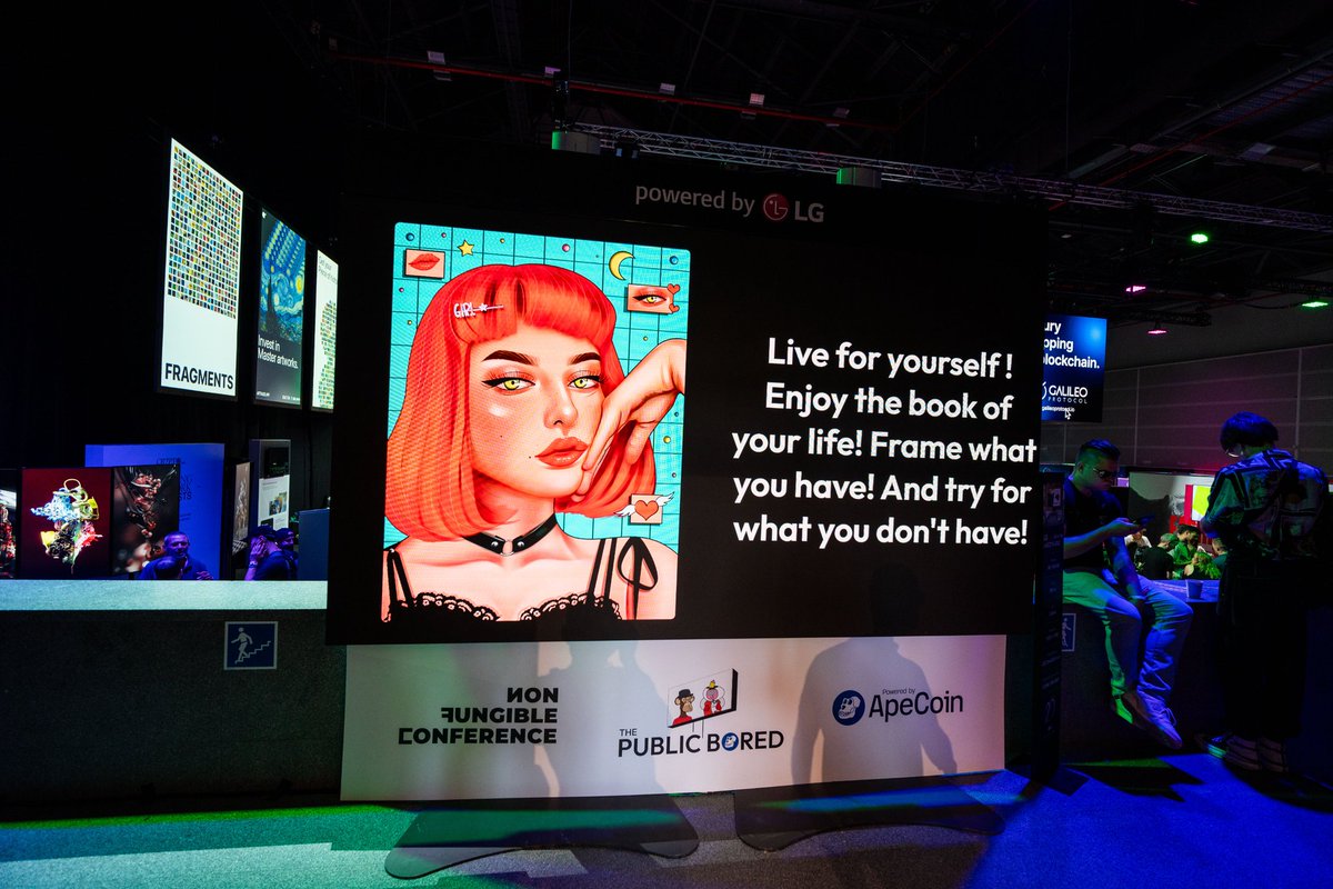 OMG 🤩 Excited to share that my art was displayed at NFC Lisbon by <a href="/PublicBored/">The Public Bored 🔥</a> and <a href="/apecoin/">ApeCoin</a> ! 

Huge thanks to the amazing team for this opportunity!  ❤️
#NFCLisbon #NFTCommunity

"Live for yourself"
Available on <a href="/foundation/">Foundation 🌐</a> 😊