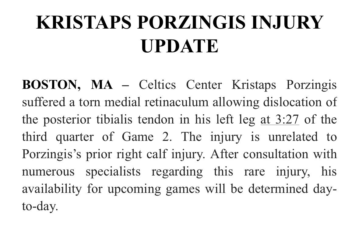 BREAKING: Kristaps Porzingis has suffered  a torn medial retinaculum