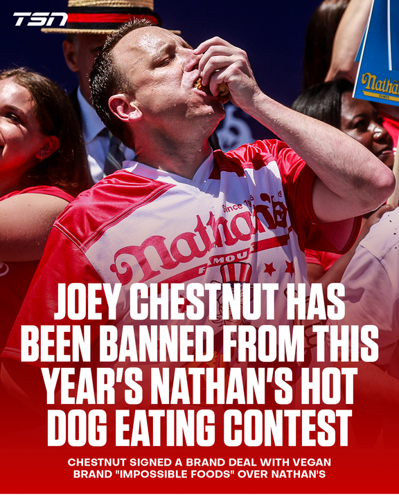 TSN_Sports's tweet photo. Huge drama out of the competitive eating world as Joey Chestnut has been banned from the Nathan's Hot Dog Eating Contest. 😳 https://t.co/vAWAEJ2tvF