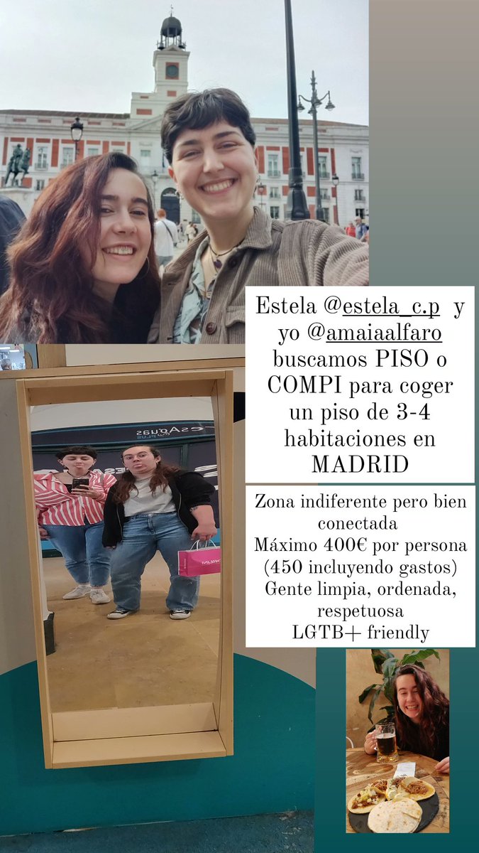 Busco / buscamos piso en Madrid, ya sea uno donde queden 2 habitaciones para completar, o alguien que busque con nosotras uno de 3-4 habitaciones. Somos majísimas como se puede observar