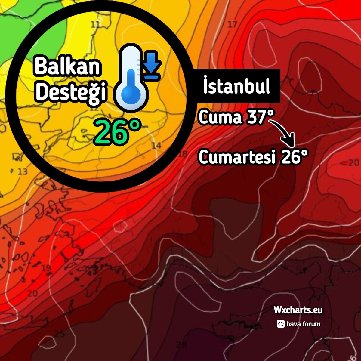 HavaForum's tweet photo. Müjde! Müjde! Müjde! Cuma gecesi Balkanlar üzerinden yurdumuza serin hava geliyor. Özellikle Marmara'da 24 saatte 11-12 derece birden düşüş bekliyoruz. Gelişmeleri takip ediyoruz... https://t.co/jEK3ue79Xd