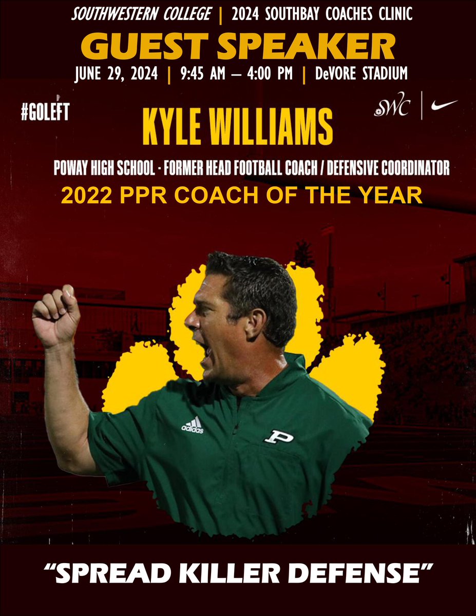 Southwestern College Football (@swcjaguarfb) on Twitter photo Introducing Guest Speaker
<a href="/KyleWil11332685/">Kyle Williams</a>
One the sharpest defensive minds in the country. His pedigree dates back to giving in-service clinics since he was 19yo including NFL & major college programs.
Don’t miss his Spread Killer talk!
Pre-Register:
southwesternjaguars.com/camps Introducing Guest Speaker
<a href="/KyleWil11332685/">Kyle Williams</a>
One the sharpest defensive minds in the country. His pedigree dates back to giving in-service clinics since he was 19yo including NFL & major college programs.
Don’t miss his Spread Killer talk!
Pre-Register:
southwesternjaguars.com/camps