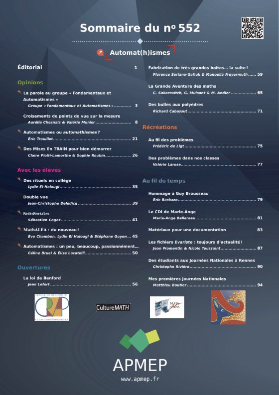 En avant-première, le sommaire du numéro 552 d’Au fil des maths… bientôt dans vos boîtes aux lettres 😀
