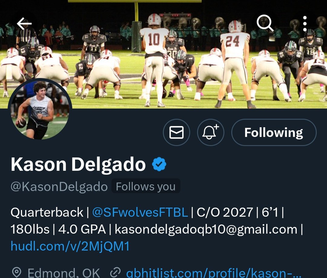 OkcShowcase's tweet photo. 👀🚨 Edmond Santa Fe has a new qb.  This is a big-time change up. We have @KasonDelgado as our number ranked 2027 qb, and he is now on our side of the state. We can't wait to see this team in action this fall. https://t.co/RjGGtAMn7t