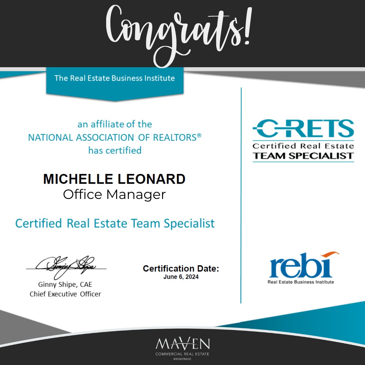 Maven Commercial Real Estate, Brokerage (@mavencommercial) on Twitter photo Michelle Leonard, Maven’s Office Manager successfully adds The Real Estate Business Institute’s certification as Real Estate Team Specialist to her credentials! Congratulations and thx Michelle for always moving our organization forward! 
#REBI #realestatebusinessinstitute Michelle Leonard, Maven’s Office Manager successfully adds The Real Estate Business Institute’s certification as Real Estate Team Specialist to her credentials! Congratulations and thx Michelle for always moving our organization forward! 
#REBI #realestatebusinessinstitute