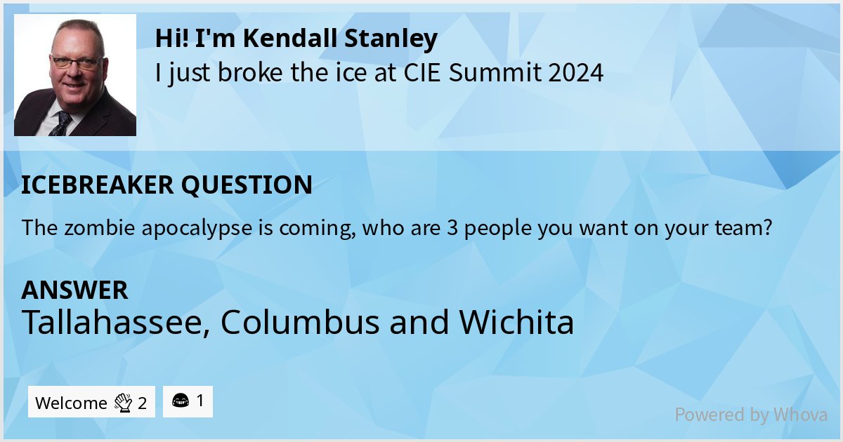 sr_kendall's tweet photo. 🔨 🧊 I just broke the ice at CIE Summit 2024! Check out my clever answer!  - via #Whova event app https://t.co/xuwsQlL3cp