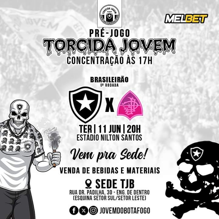 Hj é dia de guerra! ☠️☠️☠️
🏆 BRASILEIRÃO - 8ª RODADA
⚽️ BOTAFOGO x FLORMINENSE
🏟️ Estádio Nilton Santos
⏰ 20h00
TJB VESTE BRANCO, COLABORE COM A NOSSA PADRONIZAÇÃO NO SETOR LESTE SUPERIOR!
✅ CONCENTRAÇÃO A PARTIR DE 17H NA NOSSA SEDE!
🍺 BEBIDAS A VENDA NO LOCAL!