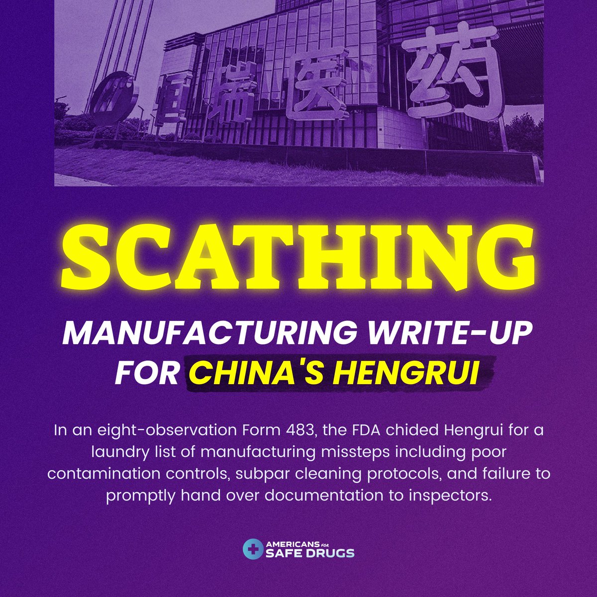 When the <a href="/US_FDA/">U.S. FDA</a> comes knocking at your drug manufacturing facility, it’s best to play along. Unfortunately for Jiangsu Hengrui Pharmaceuticals, the company’s refusal to do so has resulted in a scathing production write-up from the U.S. regulator.

tinyurl.com/2jew8hsb