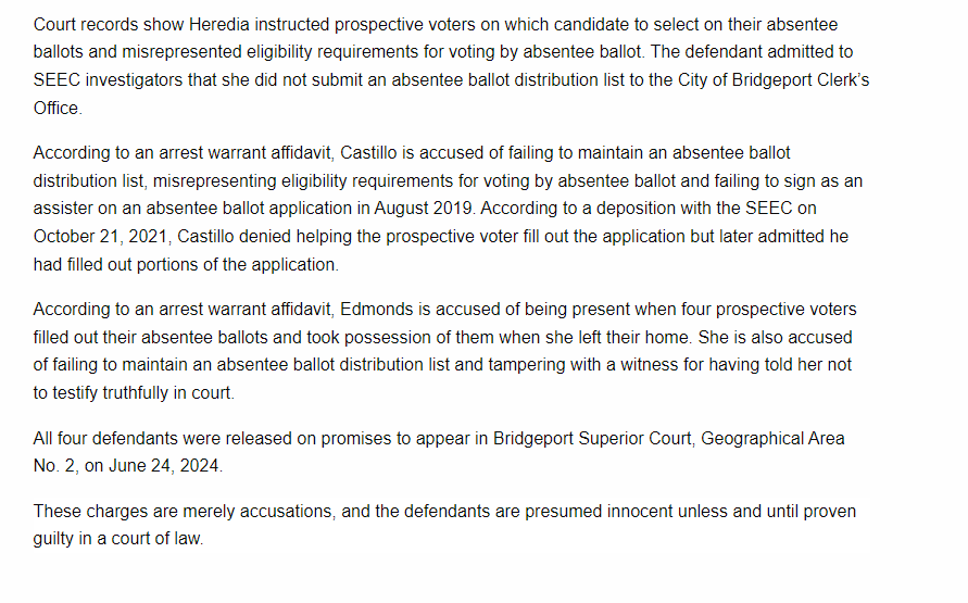 #BREAKING Wanda Geter-Pataky &amp; 3 other #Bridgeport 
campaign workers have been charged with illegally possessing another person's ballot &amp; witness tampering in 2019 mayoral primary

Geter-Pataky in not charged in the 2023 ballot stuffing case

All four are back in court 6-24