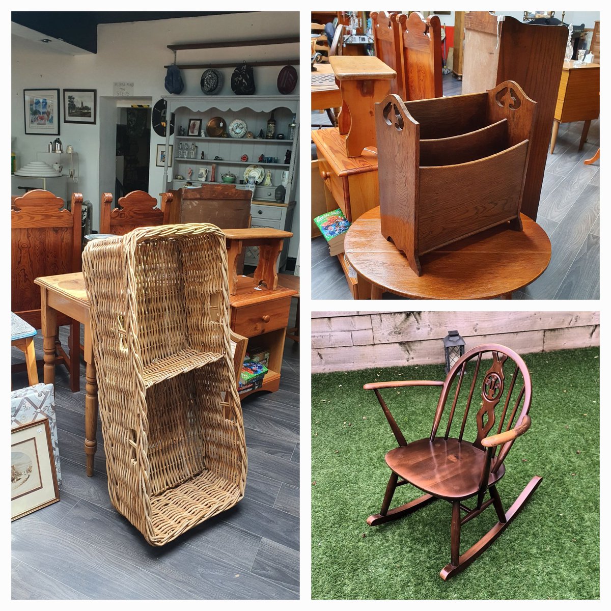 TwistedVintage6's tweet photo. You can always find a use for baskets we think and this one is huge! The rocking chair is just one of the pieces of stylish #Ercol now in. Seen the new use for magazine racks - vinyl albums! 
#vintage #retro #midcentury #gloucestercitycentre #smallbusiness https://t.co/cQh3IWF0Tp