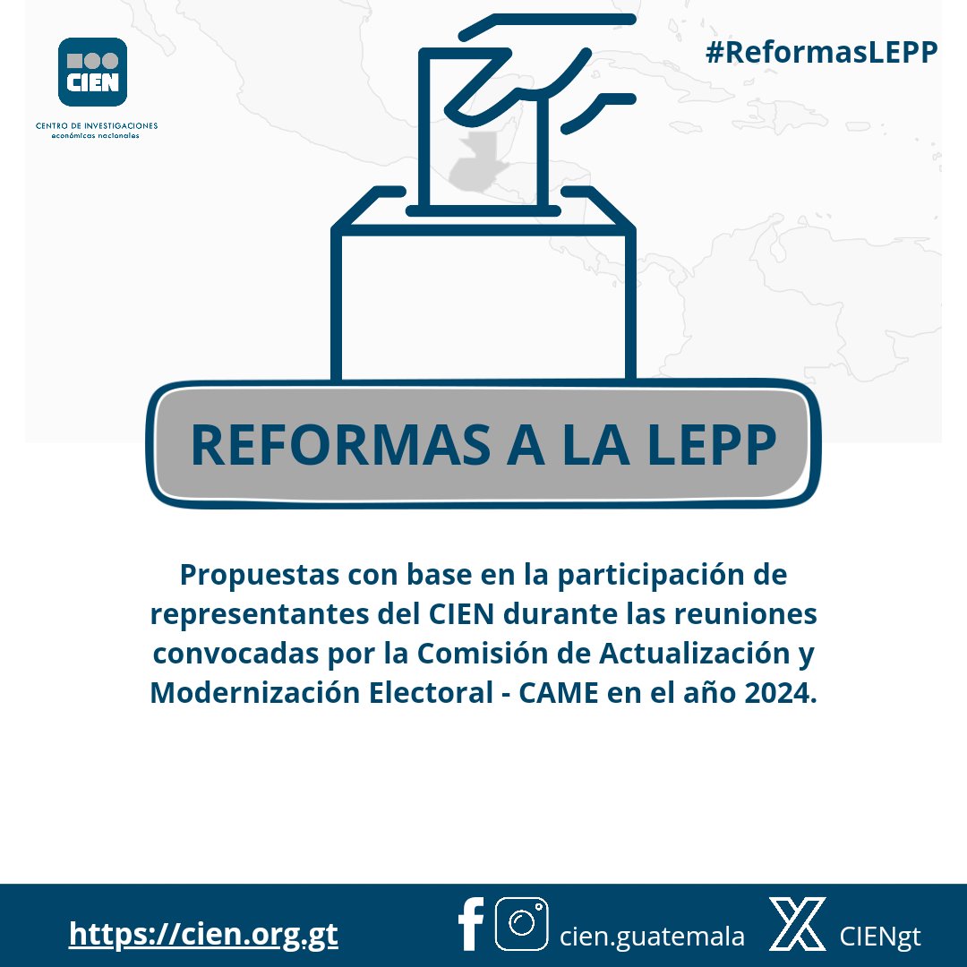CIENgt's tweet image. 🇬🇹 Es importante realizar reformas a la Ley Electoral y de Partidos Políticos - LEPP para llegar al #DesarrolloGT.
👉 Compartimos un resumen de las propuestas de #ReformasLEPP que presentamos al @CongresoGuate:

🧵