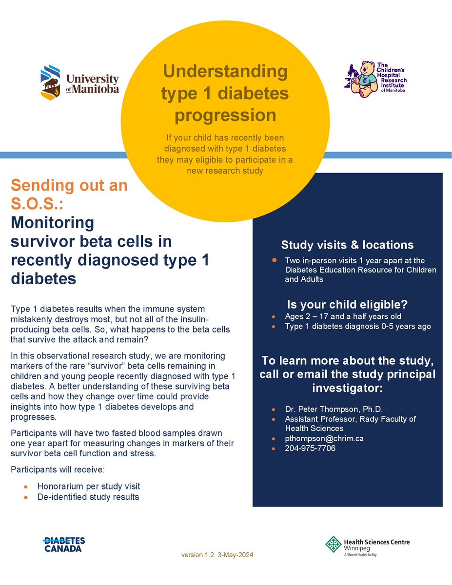 DREAM_Theme (@dream_diabetes) on Twitter photo ๐จNow #Recruiting!๐จ if you have a #child aged 2 - 17.5 yrs old and diagnosed with type 1 #diabetes within 0-5 years, contact <a href="/DrPeterThompson/">Peter Thompson</a> at pthompson@chrim.ca to learn more about this study and how to participate. #researchstudy <a href="/UM_RadyFHS/">U of M Rady Faculty</a> <a href="/CHRIManitoba/">CHRIM</a> <a href="/DiabetesCanada/">Diabetes Canada</a> ๐จNow #Recruiting!๐จ if you have a #child aged 2 - 17.5 yrs old and diagnosed with type 1 #diabetes within 0-5 years, contact <a href="/DrPeterThompson/">Peter Thompson</a> at pthompson@chrim.ca to learn more about this study and how to participate. #researchstudy <a href="/UM_RadyFHS/">U of M Rady Faculty</a> <a href="/CHRIManitoba/">CHRIM</a> <a href="/DiabetesCanada/">Diabetes Canada</a>