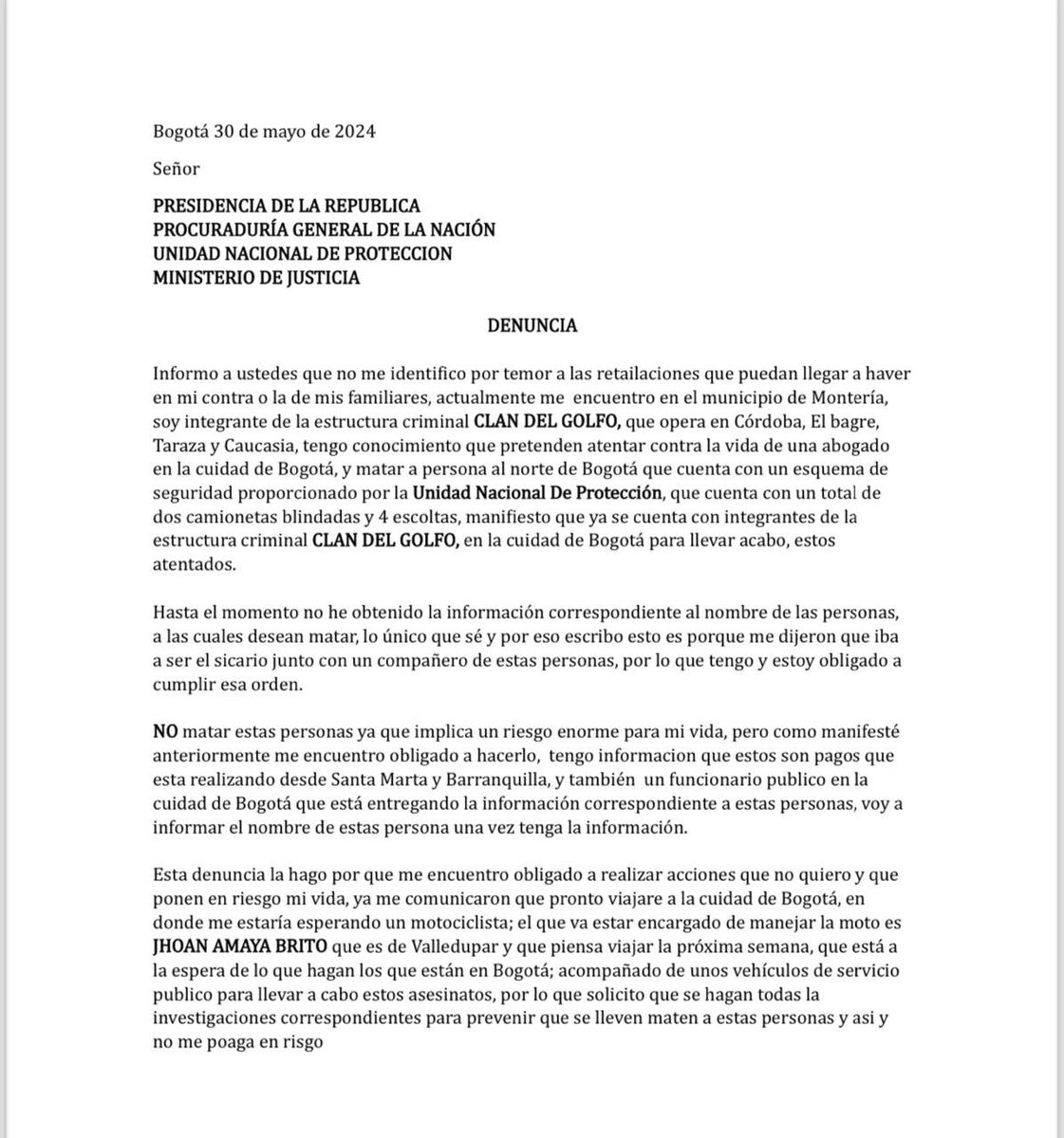 migueldelrioabg's tweet photo. Un plan sicarial ocurriría esta semana en Bogotá en mi contra y de mi investigador Wadith Velásquez por parte de una alianza entre el clan del Golfo y Marquitos Figueroa según informa el propio sicario y fuentes humanas. El otro, Amaya Brito, es uno de los sicarios de Marquitos. https://t.co/4t1httTH0B