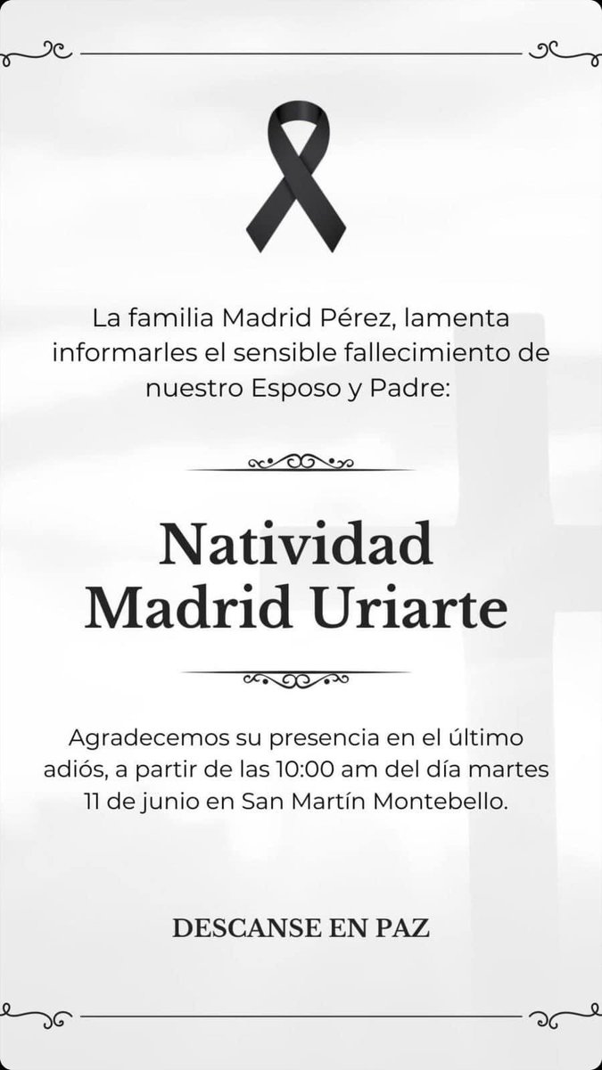 Expreso mis condolencias para mi amigo <a href="/RicardoMadridP/">Ricardo Madrid</a>, ante el sensible deceso de su padre Natividad Madrid Uriarte, hombre afectuoso, amigo y compañero en la función pública, mi solidaridad con Eduardo, Diego y familiares y amigos. 
En paz descanse.
