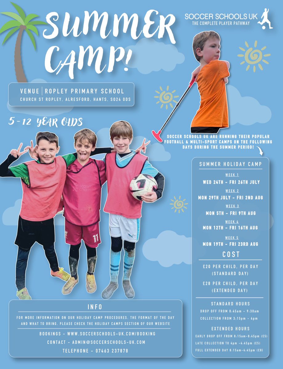 ☀️😎 We are pleased to announce that bookings for our Summer Holiday Camps, are now open! 😎☀️

To book 👇 

📧 admin@soccerschools-uk.com
💻 soccerschools-uk.com/booking 
📞 07463 237878