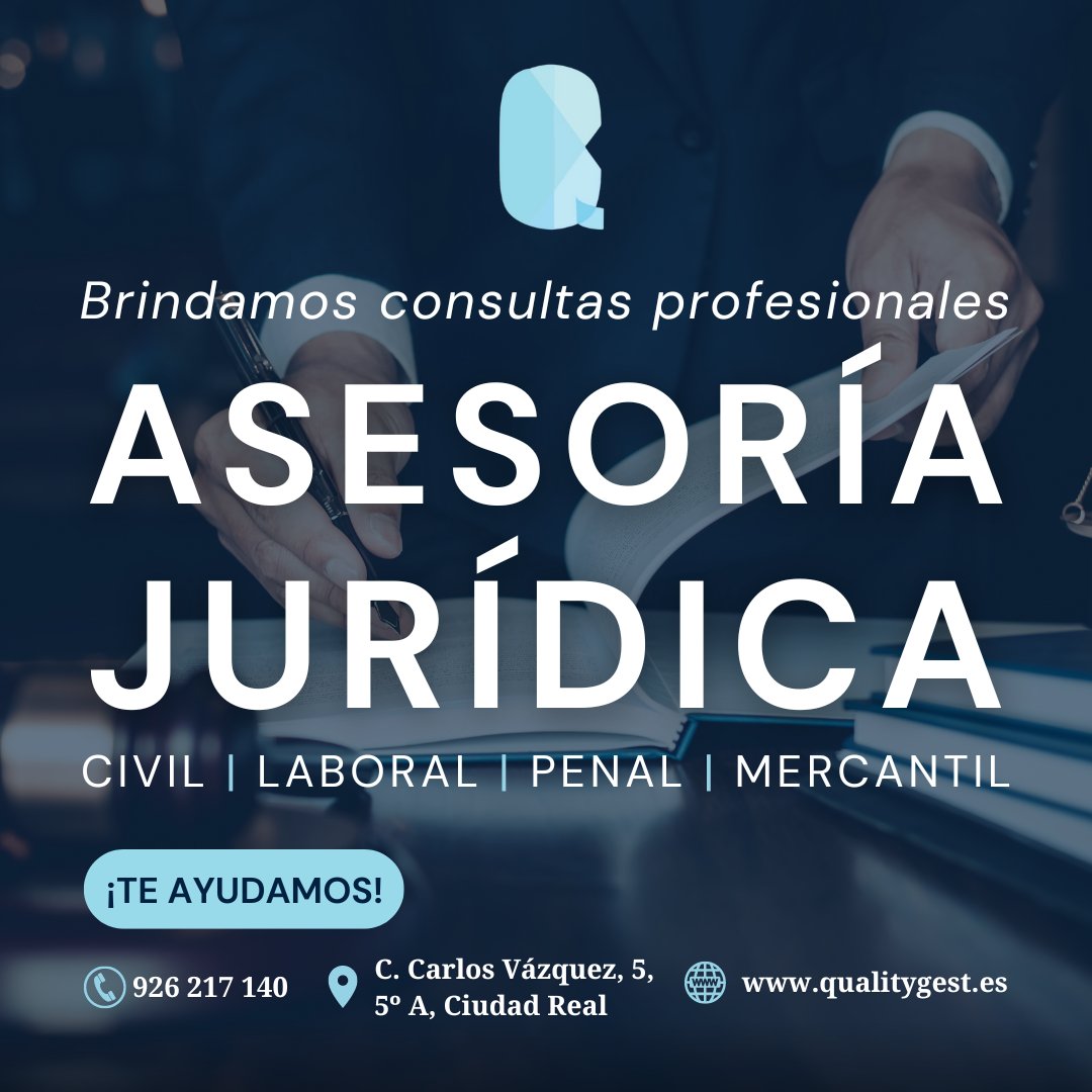 qualitygest's tweet image. ¿Necesitas asesoría jurídica?

En QUALITYGEST, brindamos consultas profesionales en Derecho Civil, Laboral, Penal y Mercantil. ⚖️💼

Contacto con nosotros
🌐 qualitygest.es
📞 926 217 140
📌 C. Carlos Vázquez, 5, 5º A, Ciudad Real

#qualitygest #asesorialegal #ciudadreal