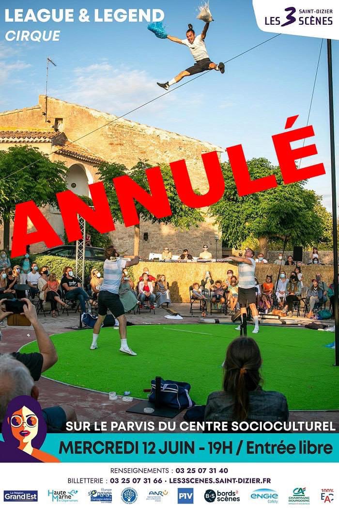 [ANNULATION] League &amp; Legend ‼️

Nous avons le regret de vous annoncer l'annulation des deux séances du spectacle League &amp; Legend qui devaient avoir lieu ce mercredi 12 juin à 11h et 19h. Un des artistes s'est malheureusement blessé lors de l'entraînement.
