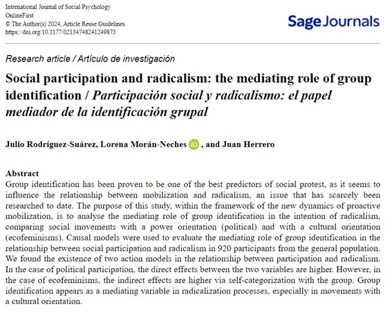 📣 NEW ARTICLE by Rodríguez-Suárez, Morán-Neches &amp; Herrero (2024): "Social participation and radicalism: the mediating role of group identification" doi.org/10.1177/021347…