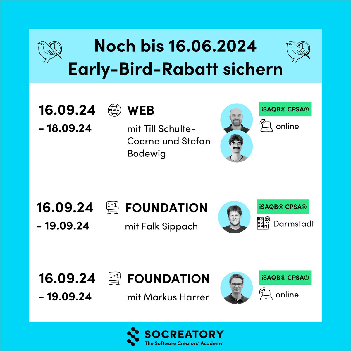 socreatory (@socreatory) on Twitter photo Für diese Trainings mit <a href="/alexksbr/">Alexander Kaserbacher</a> <a href="/st_toth/">波哥精品(2号机)</a> <a href="/RalfDMueller/">Ralf D. Müller 📯 @rdmueller@mastodontech.de</a> <a href="/tillsc/">Till Schulte-Coerne</a> <a href="/sippsack/">Falk @sippsack@bsky.social @sippsack@ijug.social</a> und @feststelltaste laufen demnächst unsere Early-Bird-Rabatte aus.
🐣socreatory.com/de/events?earl…
#softwarearchitektur #isaqb #weiterbildung Für diese Trainings mit <a href="/alexksbr/">Alexander Kaserbacher</a> <a href="/st_toth/">波哥精品(2号机)</a> <a href="/RalfDMueller/">Ralf D. Müller 📯 @rdmueller@mastodontech.de</a> <a href="/tillsc/">Till Schulte-Coerne</a> <a href="/sippsack/">Falk @sippsack@bsky.social @sippsack@ijug.social</a> und @feststelltaste laufen demnächst unsere Early-Bird-Rabatte aus.
🐣socreatory.com/de/events?earl…
#softwarearchitektur #isaqb #weiterbildung