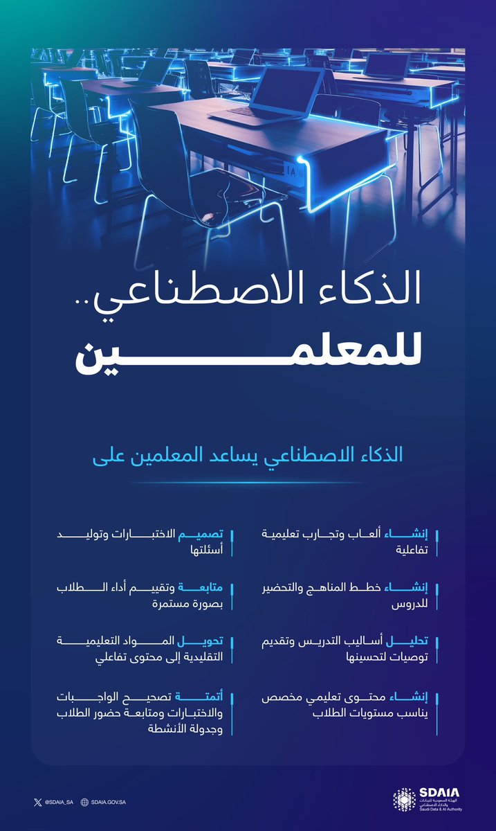 SDAIA_SA's tweet photo. الذكاء الاصطناعي في خدمة مجال التعليم
https://t.co/EpaUoHq4mp
#سدايا https://t.co/DQvsyxECse