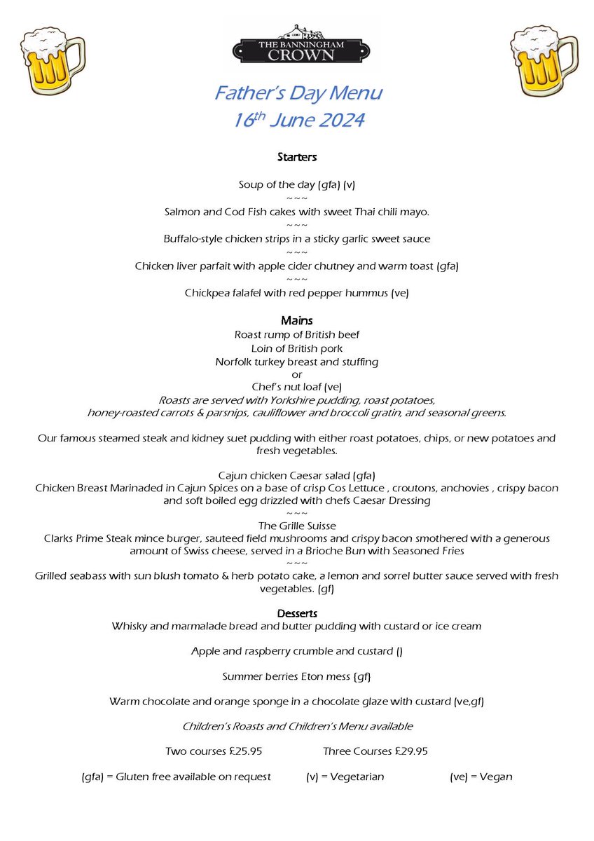 Still some spaces left for our Set Menu on Fathers Day.
To book phone 01263 733534