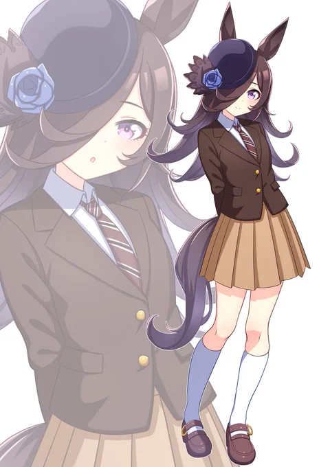 #ウマ娘#ライスシャワーブラウンカラーで統一したブレザーとスカートを着て、模様付きの赤いネクタイをつけ、白いソックスを履いたライスシャワーを描きました!! 